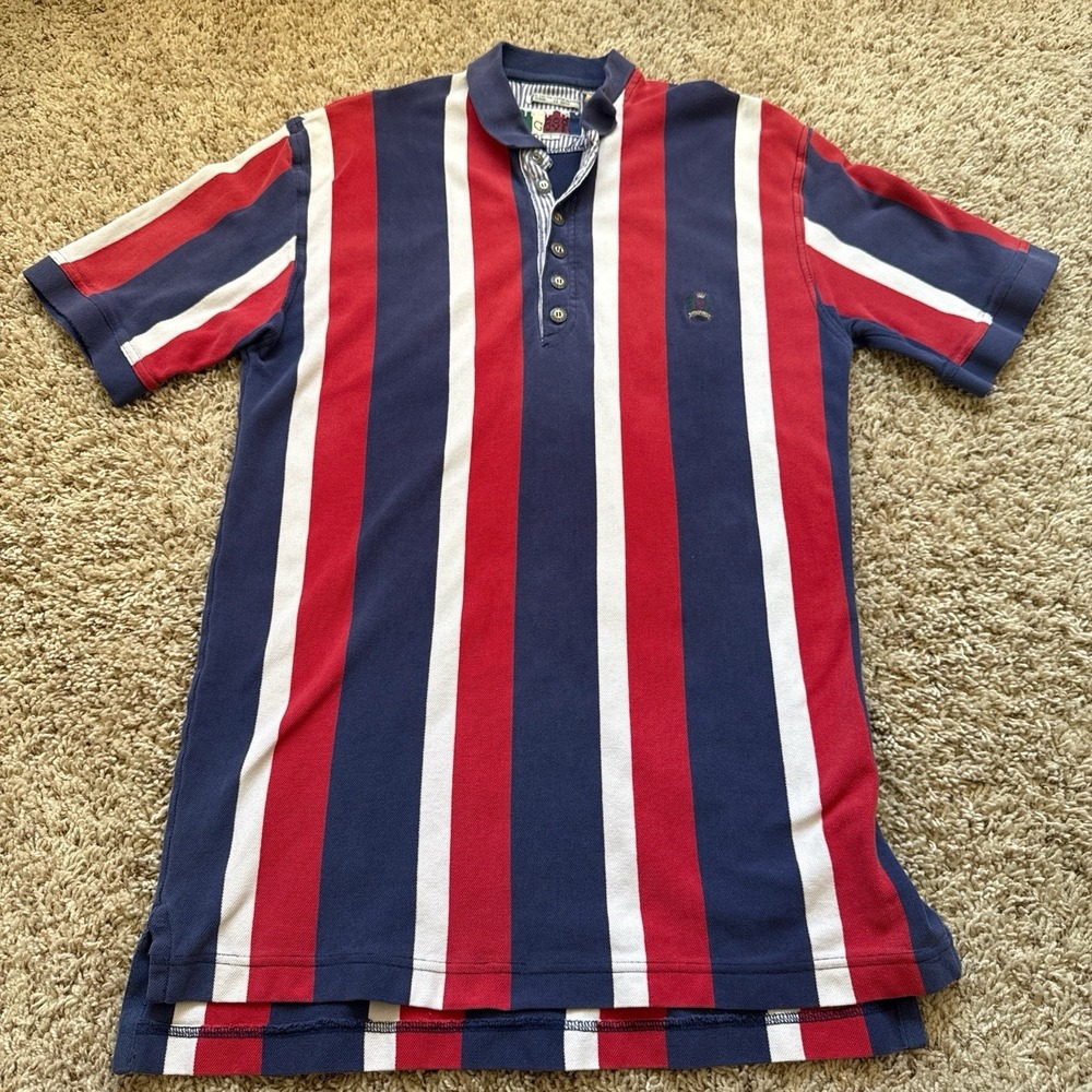 Vintage 90s GOOD GUYS Vertical Stripe Polo Shirt – Red White Blue – Mens Large